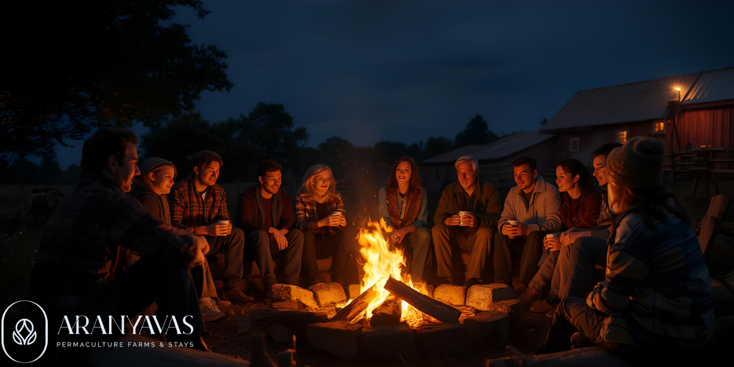 a group of guest enjoying the burnfire and tea at the night of new year.